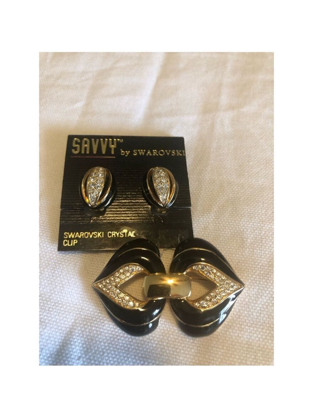 Swarovski Vintage Earrings and Brooch Set - Black & Gold